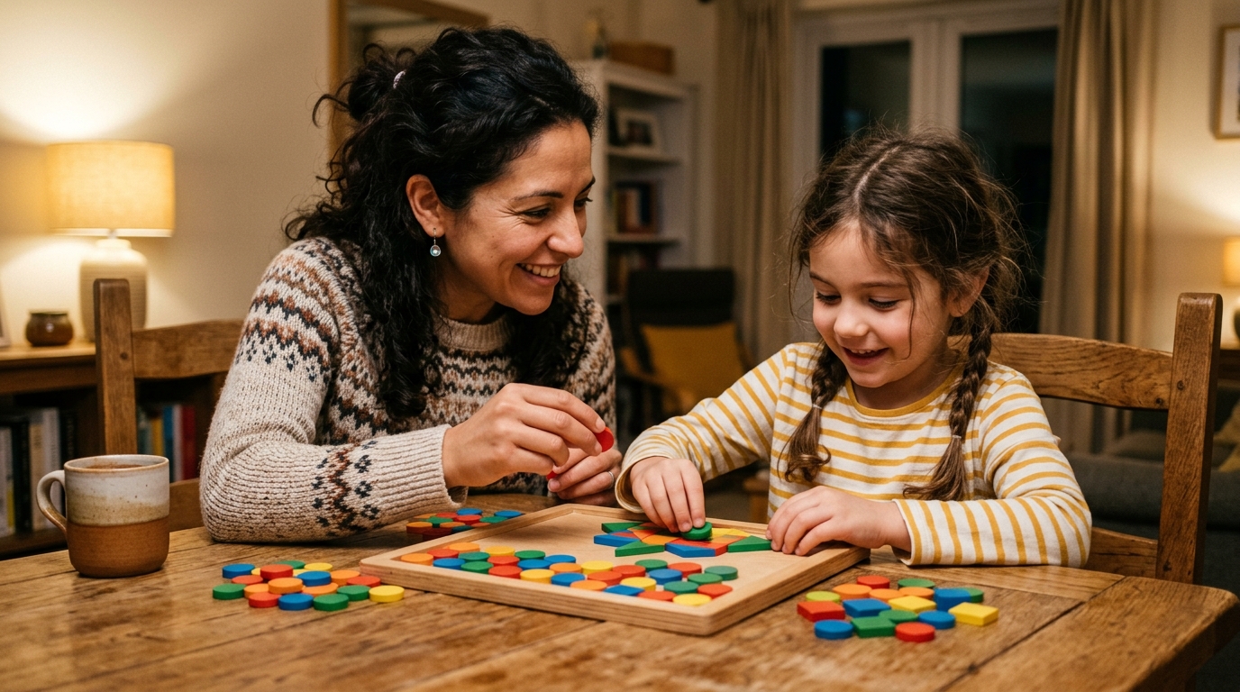 Madre e hija realizando una dinámica de aprendizaje emocional con fichas de madera en una mesa