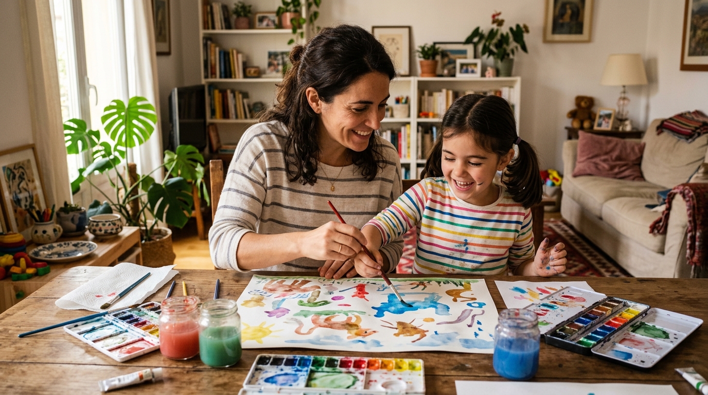 Madre e hija pintando con acuarelas juntas de forma lúdica en el salón