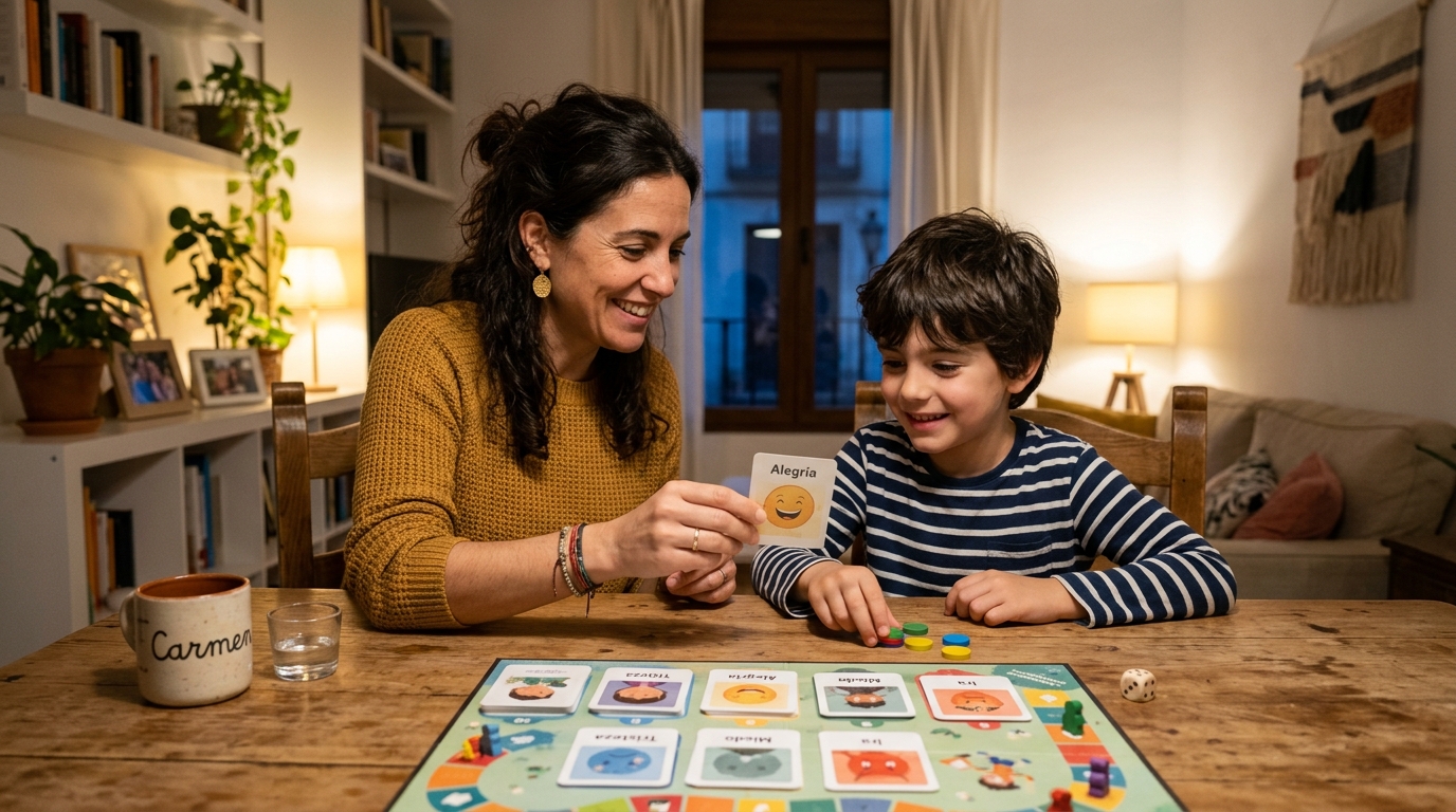 Madre e hijo jugando a una dinámica de tarjetas de emociones en una mesa