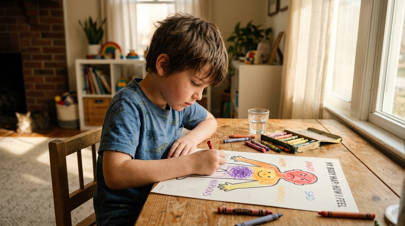 Niño de 7 años dibujando un mapa corporal de sensaciones y emociones en su mesa de trabajo