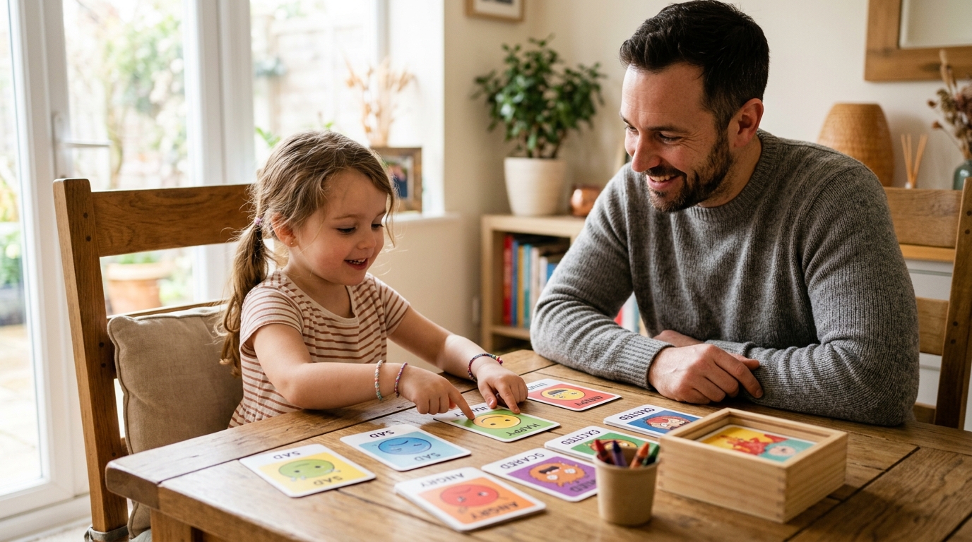 Niña de 5 años identificando sus emociones mediante tarjetas visuales junto a su padre