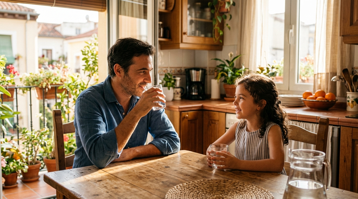 Padre e hija conversando tranquilamente mientras beben agua en una cocina luminosa