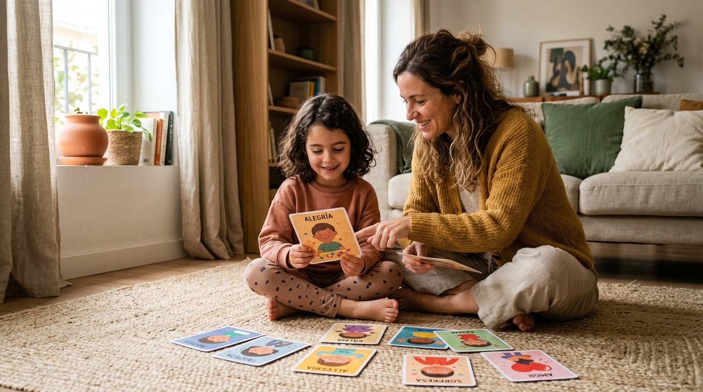 Madre e hijo explorando cartas de educación emocional infantil en el hogar