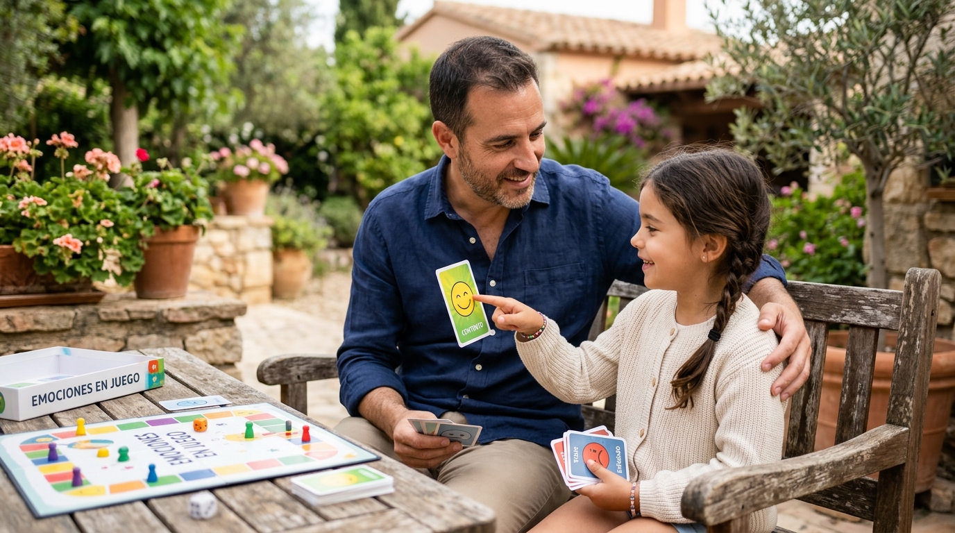 Padre e hija reflexionando juntos tras una partida de juego de mesa