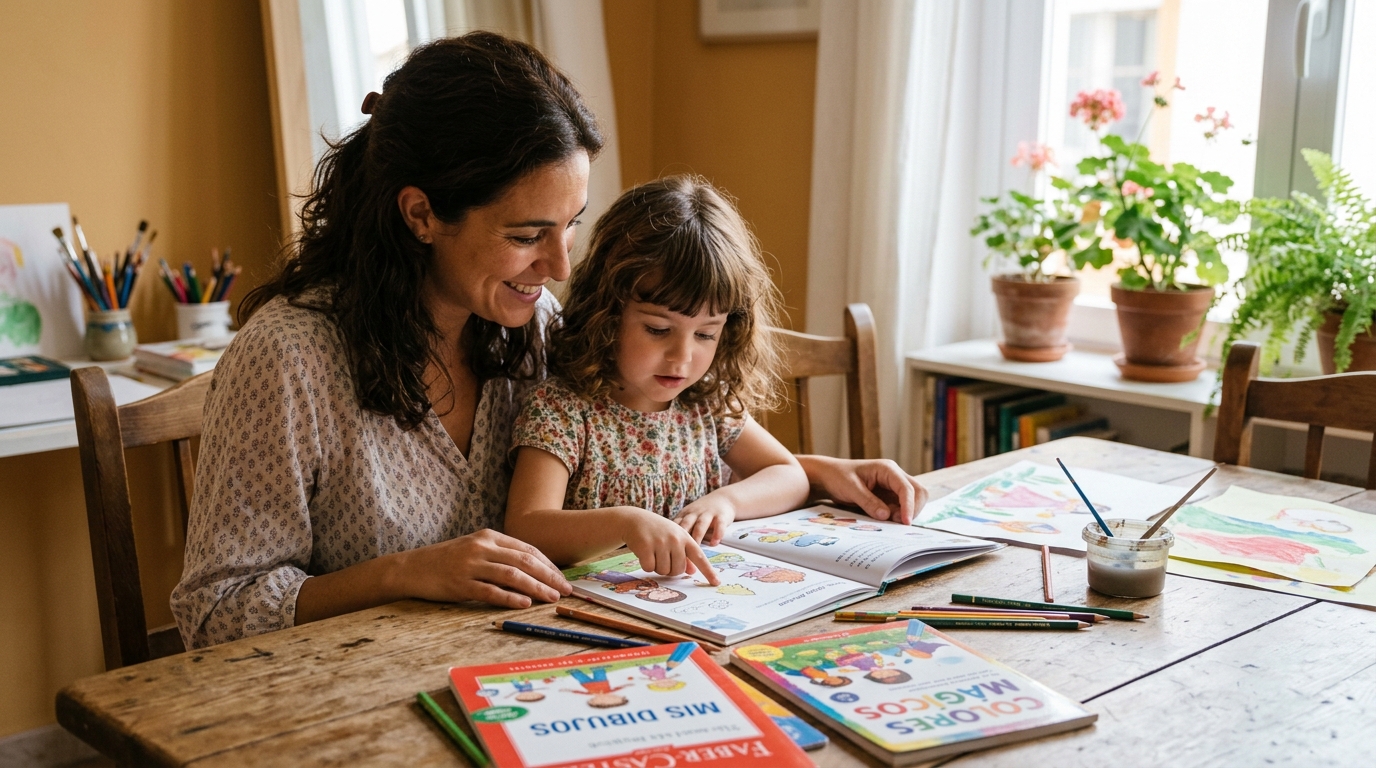 Madre e hija explorando un libro de actividades emocionales juntas en la mesa