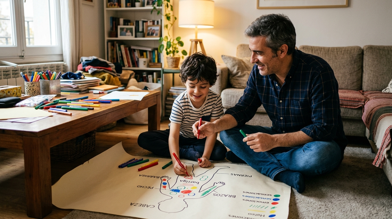 Padre e hijo relacionando sensaciones corporales con palabras emocionales en un mapa de papel