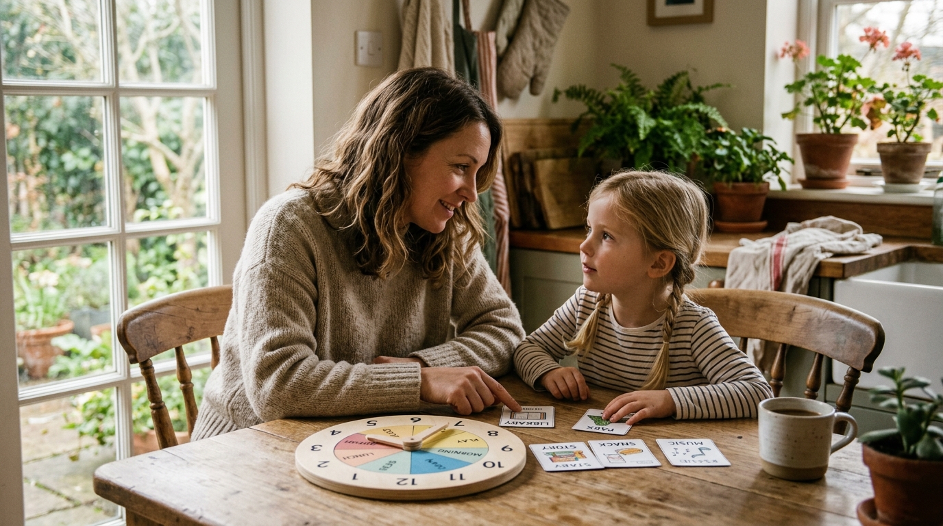 Madre y niña organizando una rutina visual con calma