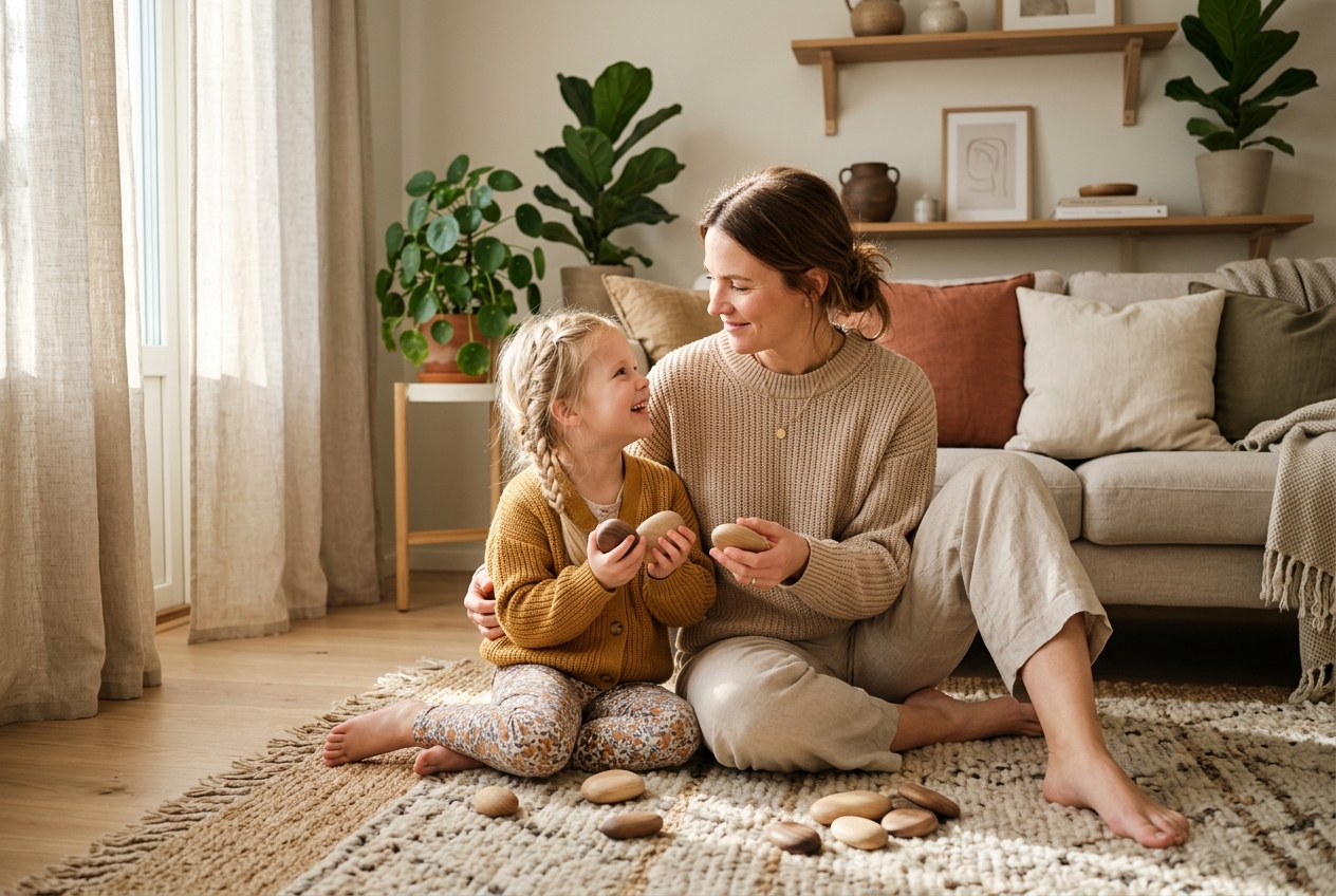 Madre e hija compartiendo un momento de calma táctil y aprendizaje emocional en casa