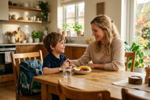 Niño merendando en familia al volver del colegio y reconectando sin presión