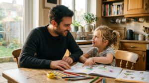 Padre e hija sentados a la mesa aprendiendo cómo pedir ayuda con los deberes y tareas escolares