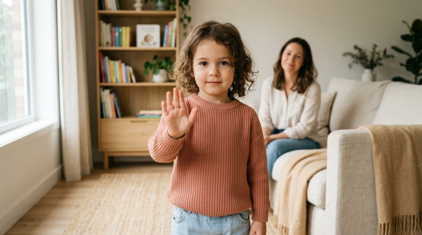 Niño con gesto tranquilo de poner límites personales y pedir espacio personal en familia